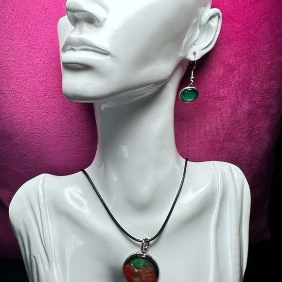 Vibrant Multicolor Pendant and Earring Set Handmade Jewelry Acrylic Paint 4175 - Picture 8 of 12